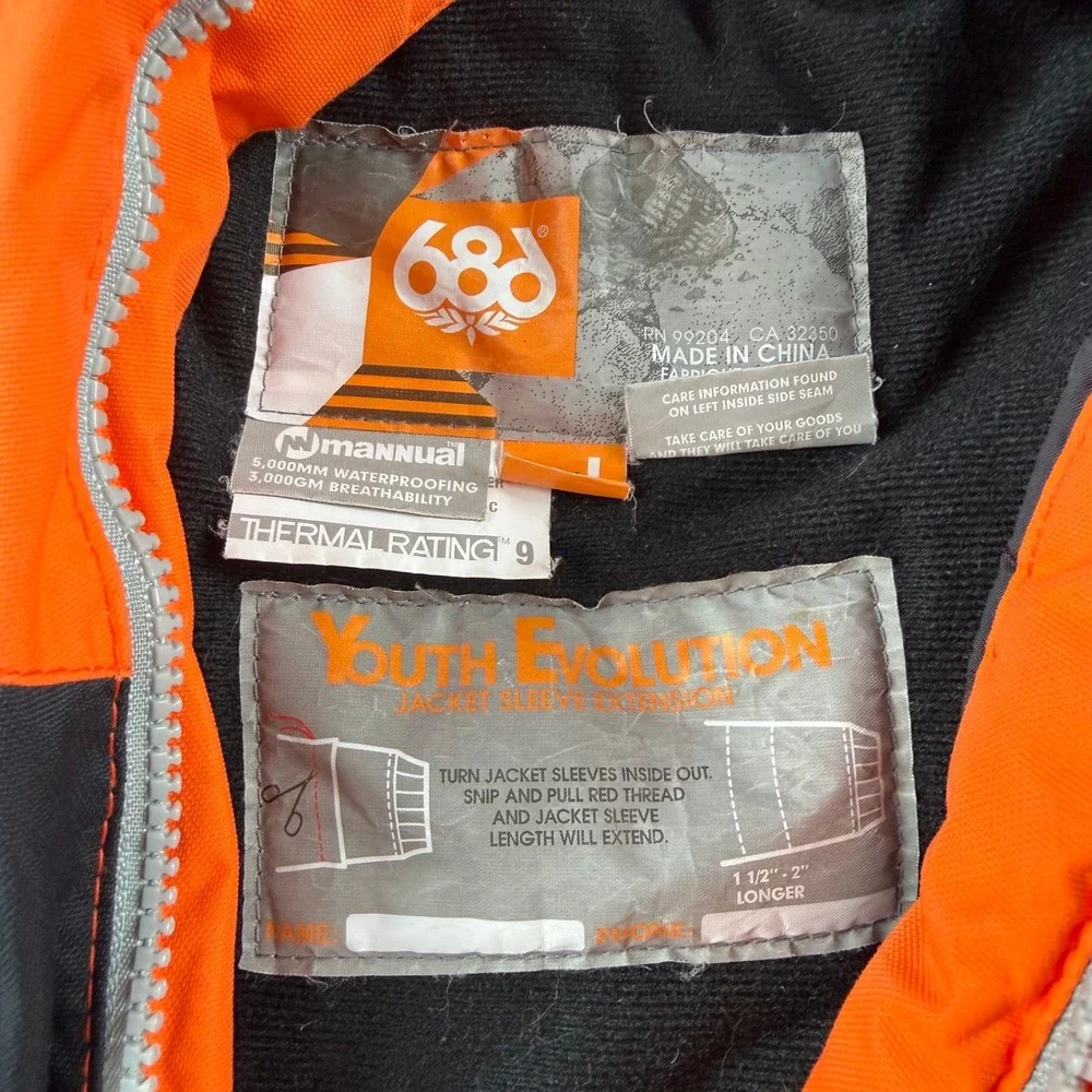 686 Mannual Snowboard Jacket Youth L Orange Black Evolution Winter Waterproof